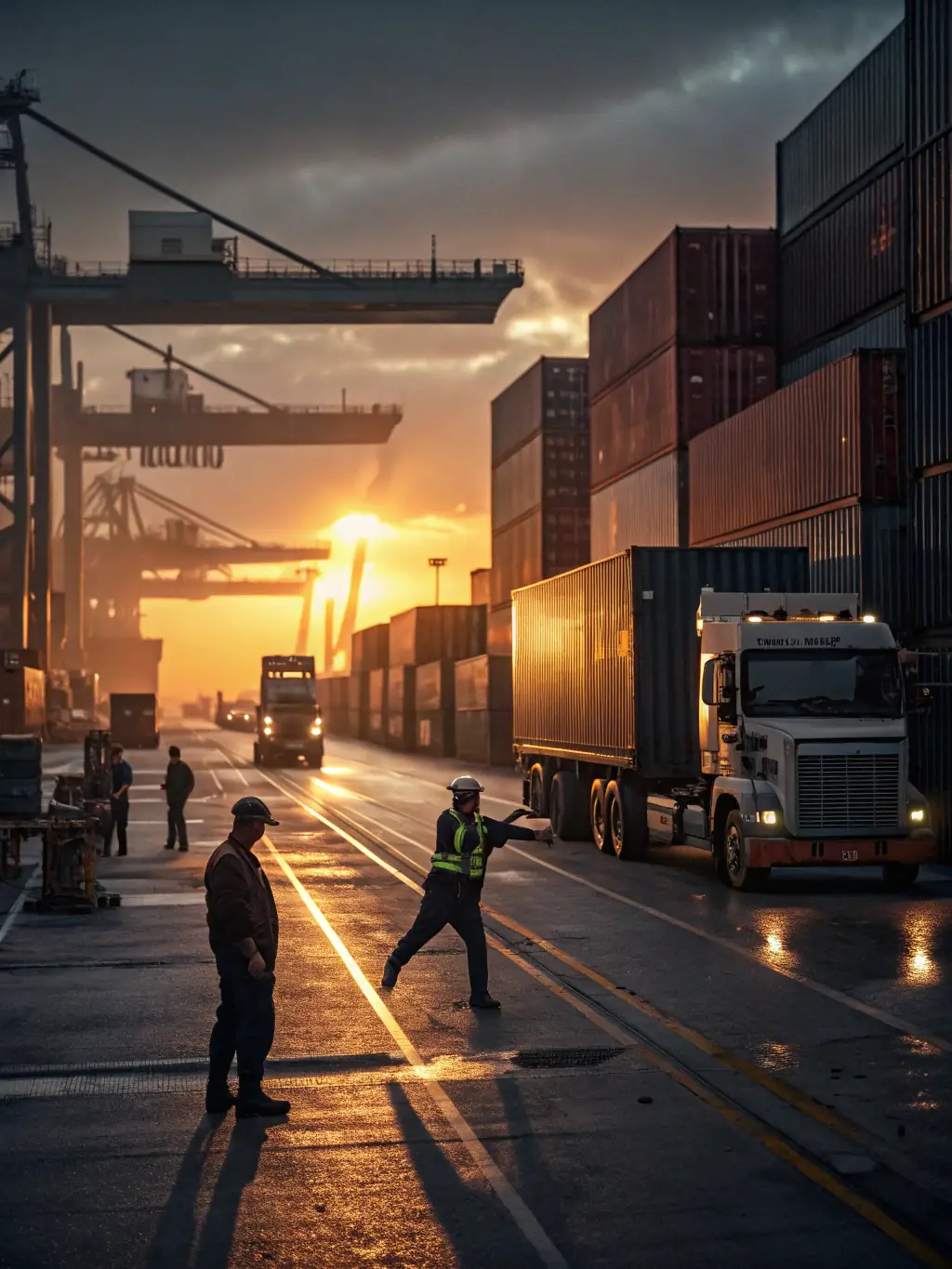 A dynamic image depicting a logistics professional in a high-visibility vest overseeing the secure loading of a container filled with sealed boxes, with a cargo plane visible in the background.