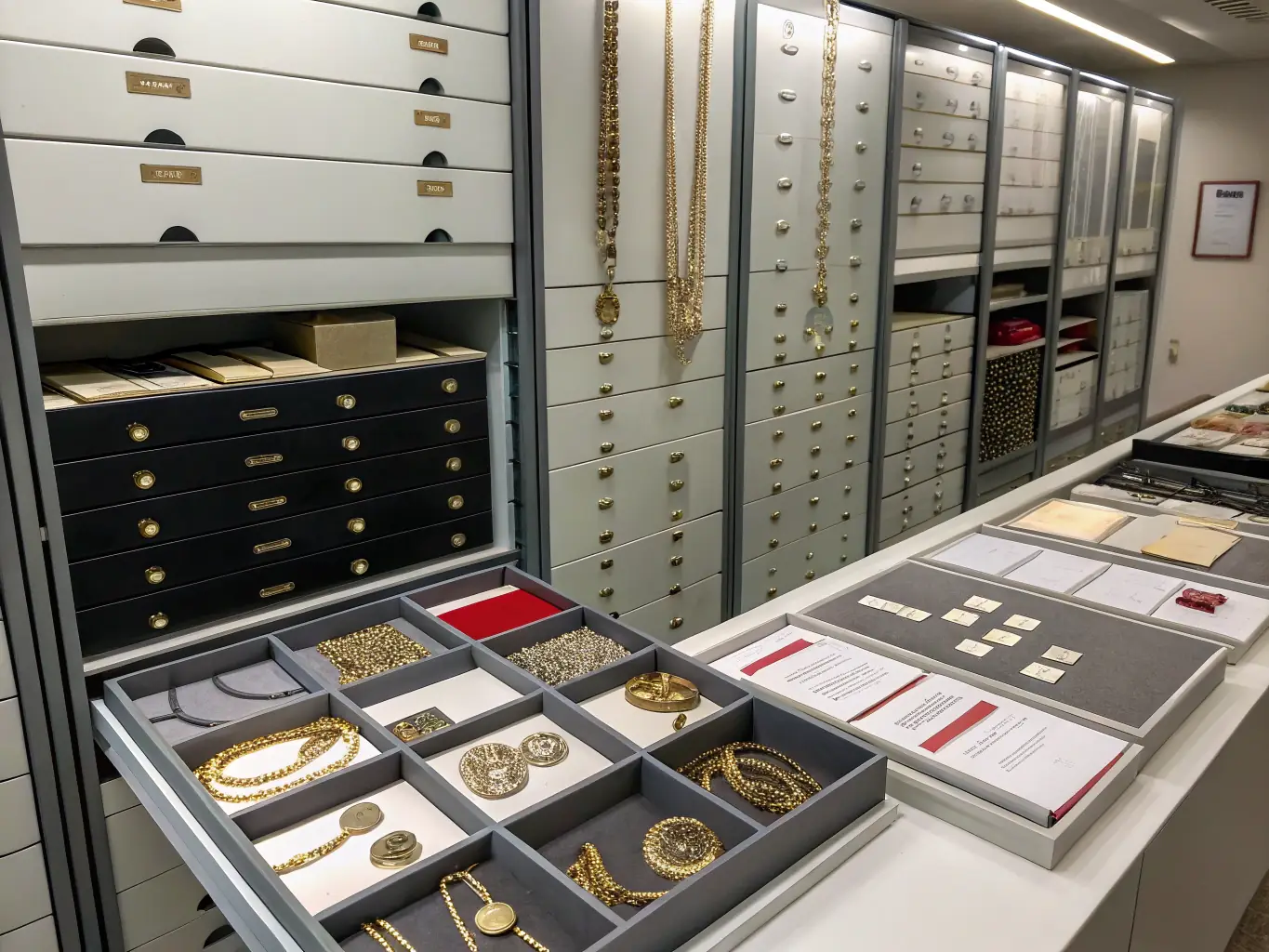 An image of a secure vault with gold bars and precious stones, emphasizing discreet and efficient transaction handling.