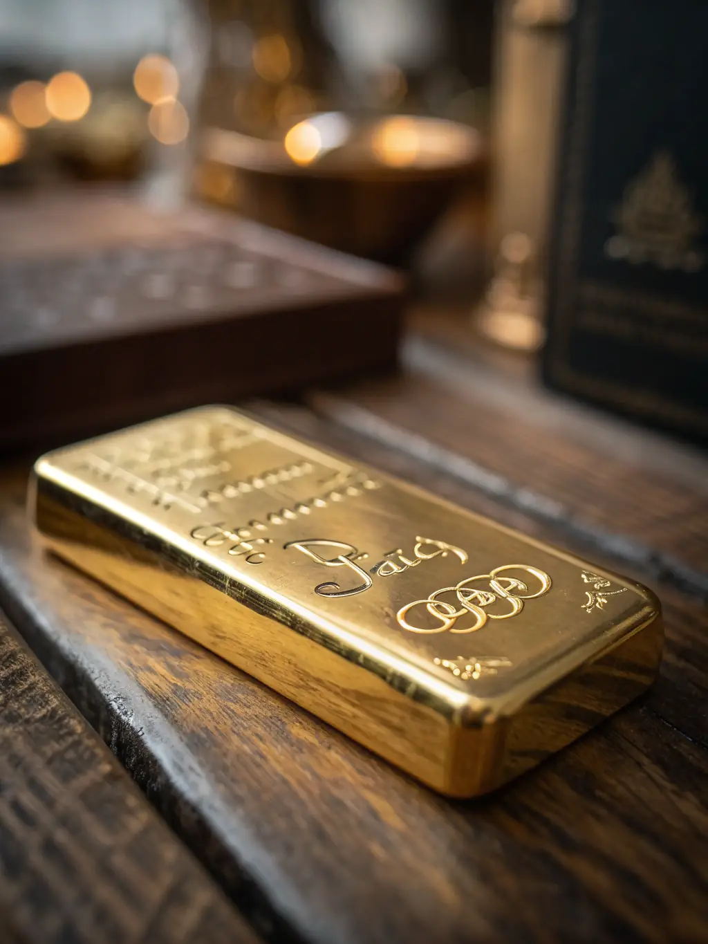 A close-up photograph of a gleaming, one-kilogram gold bar with the Golden Egg Enterprises logo subtly engraved on its surface, placed on a dark, reflective surface to emphasize its purity and value.