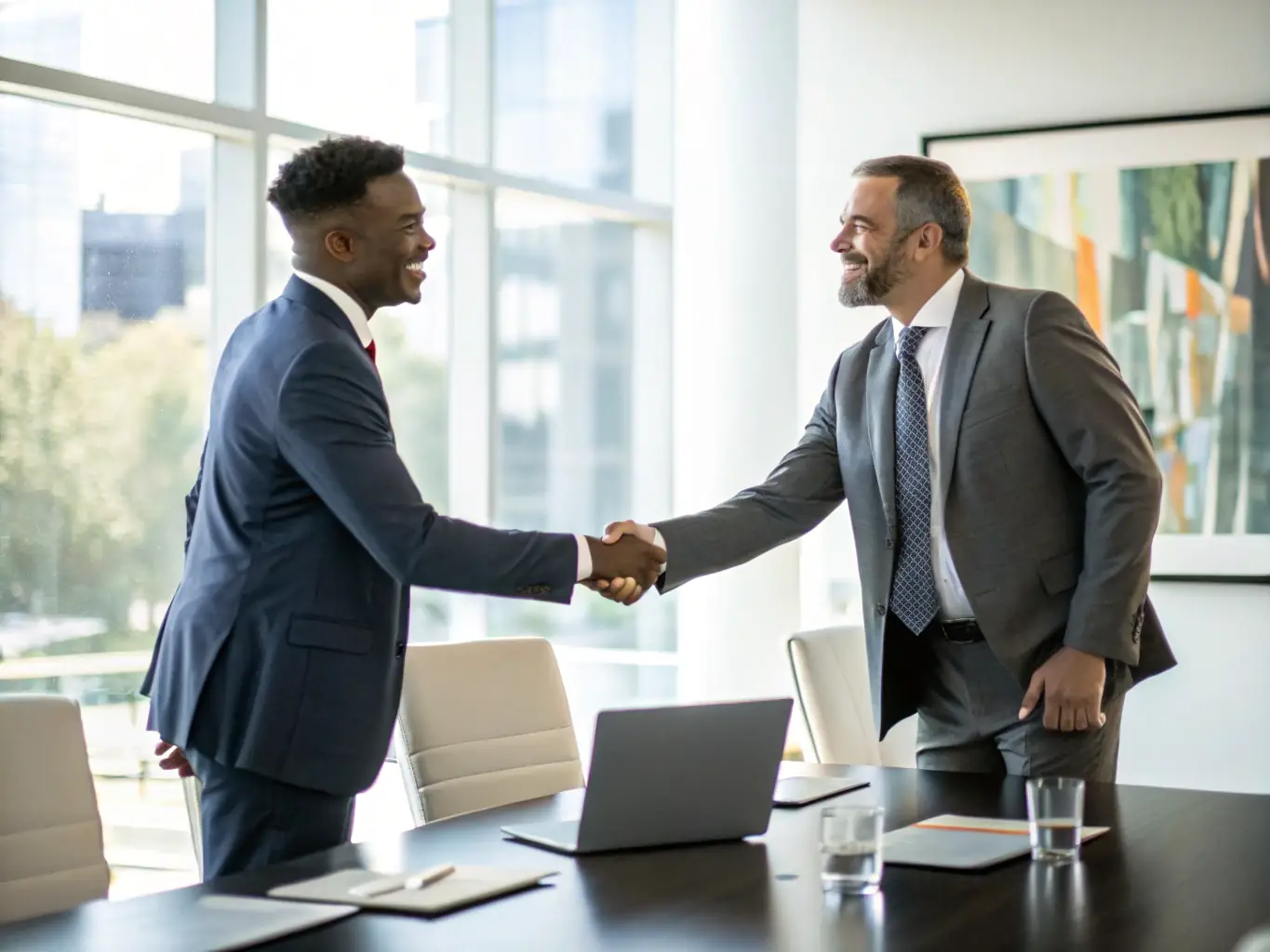 A professional handshake between two business partners in a modern office setting, symbolizing trust and transparency in international trade.